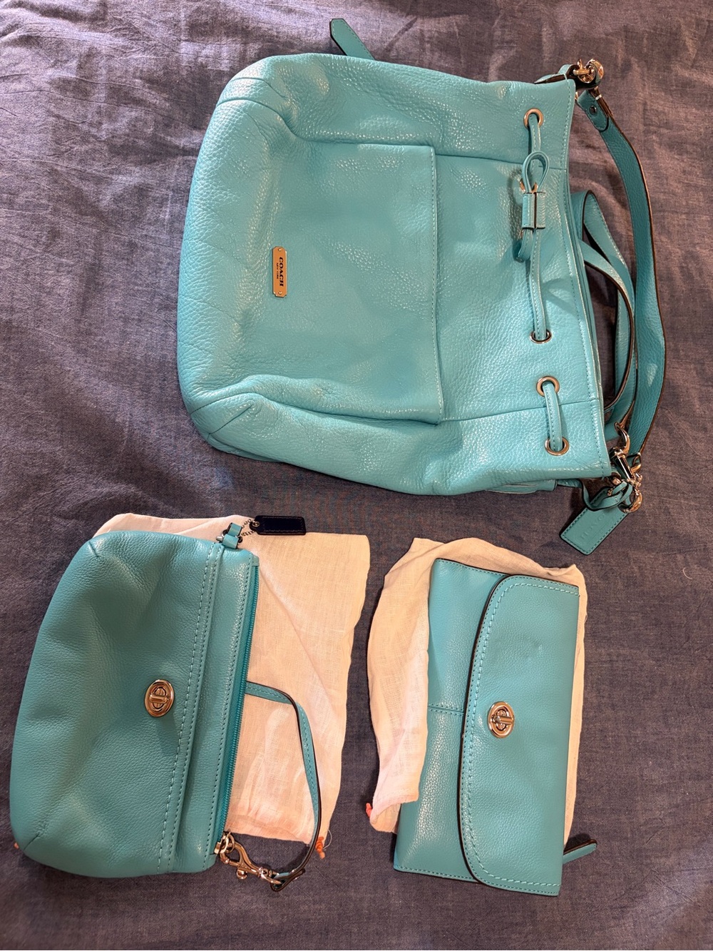 Coach Teal Leather Shoulder Bag with Matching Wallets